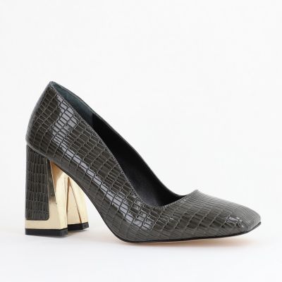 Pantofi Damă cu Toc Gros din Piele Ecologică texturată kaki BS20AY2402729