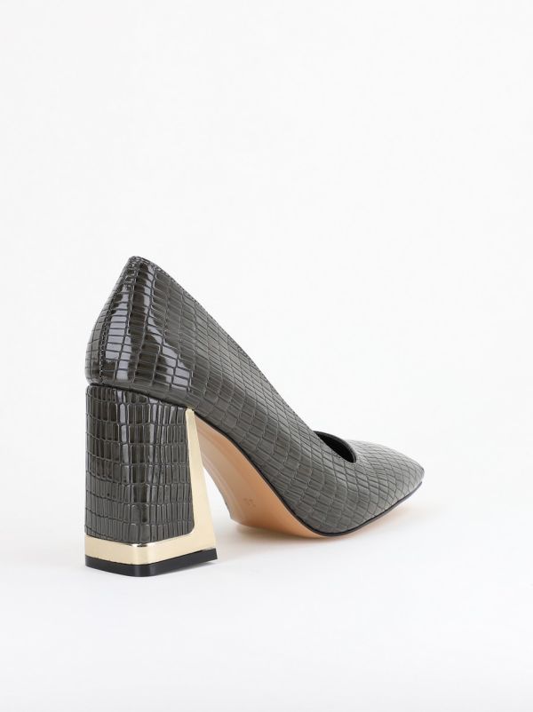 Pantofi Damă cu Toc Gros din Piele Ecologică texturată kaki BS20AY2402729 125