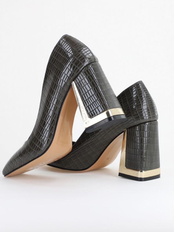 Pantofi Damă cu Toc Gros din Piele Ecologică texturată kaki BS20AY2402729 126
