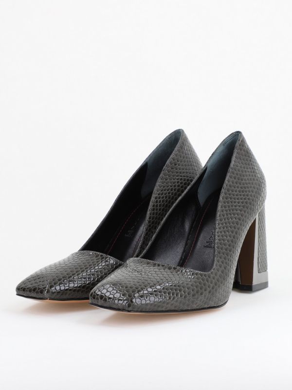 Pantofi Damă cu Toc Gros din Piele Ecologică texturată verde kaki BS20AY2402733 122
