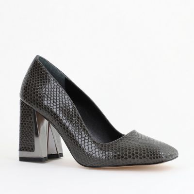 Pantofi Damă cu Toc Gros din Piele Ecologică texturată verde kaki BS20AY2402733