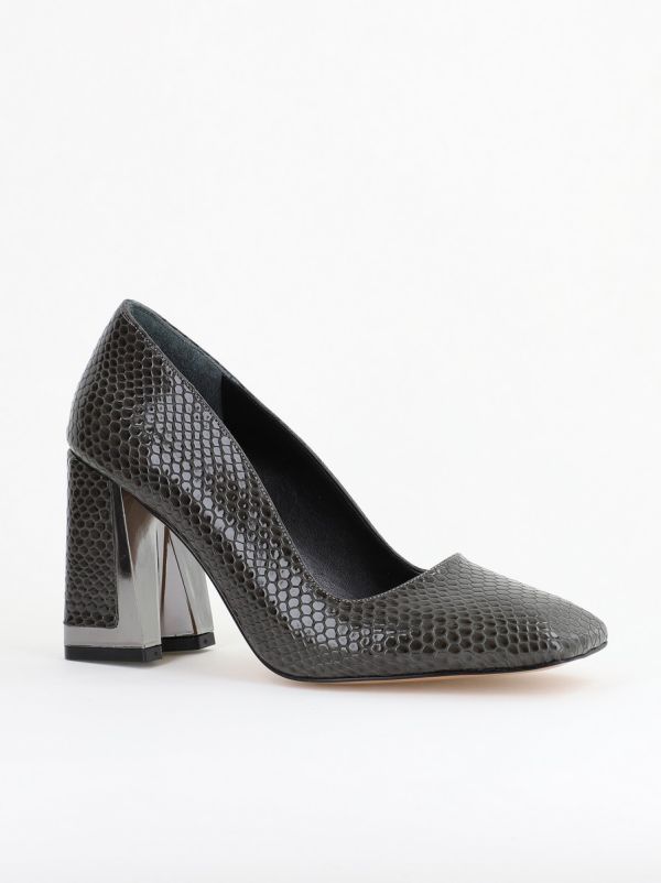 Incaltaminte Dama - Pantofi Damă cu Toc Gros din Piele Ecologică texturată verde kaki BS20AY2402733