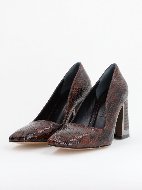 Pantofi Damă cu Toc Gros din Piele Ecologică texturată maro BS20AY2402736 122