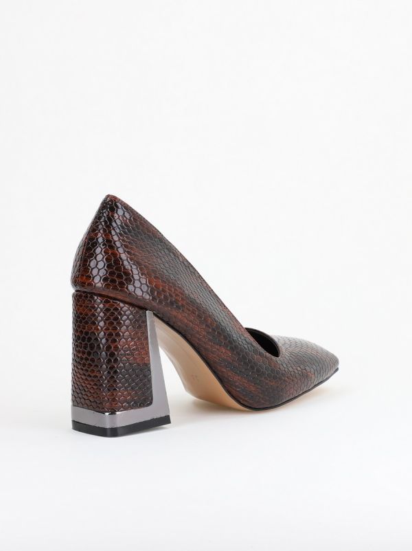 Pantofi Damă cu Toc Gros din Piele Ecologică texturată maro BS20AY2402736 126