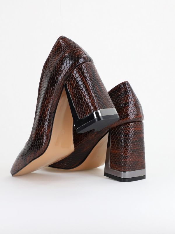 Pantofi Damă cu Toc Gros din Piele Ecologică texturată maro BS20AY2402736 120