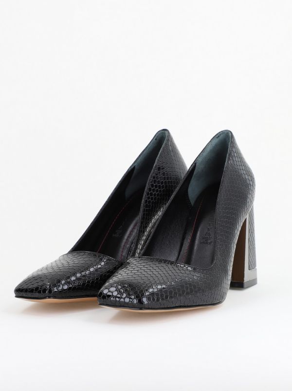 Pantofi Damă cu Toc Gros din Piele Ecologică texturată negru BS20AY2402726 122