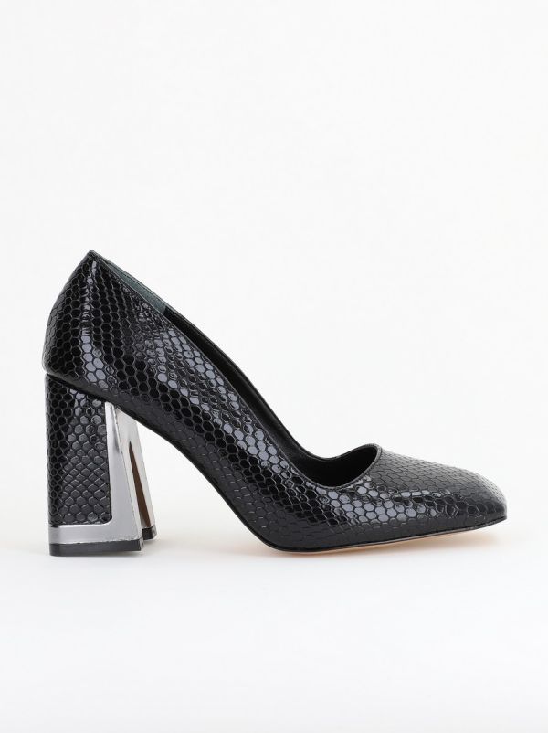 Pantofi Damă cu Toc Gros din Piele Ecologică texturată negru BS20AY2402726 124