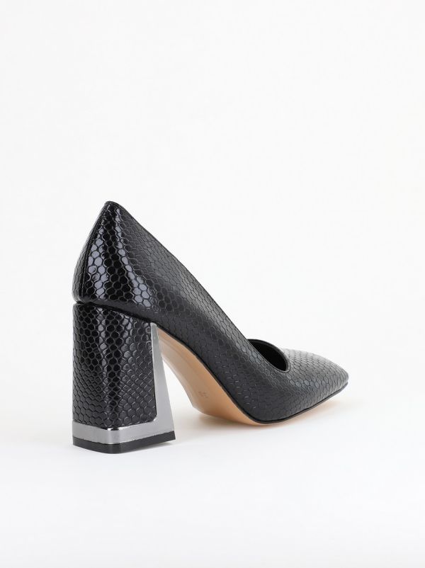 Pantofi Damă cu Toc Gros din Piele Ecologică texturată negru BS20AY2402726 126