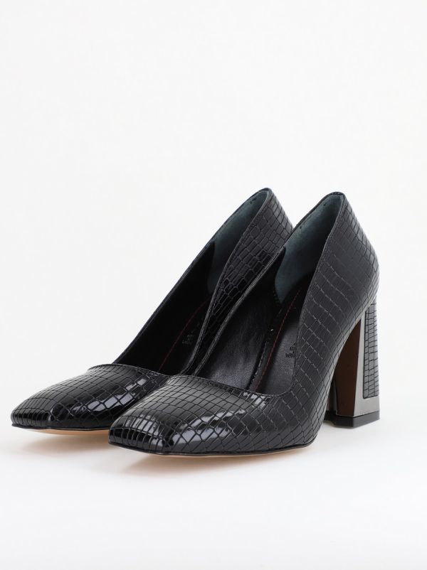 Pantofi Damă cu Toc Gros din Piele Ecologică texturată negru BS20AY2402735 120