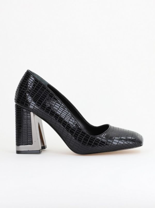 Pantofi Damă cu Toc Gros din Piele Ecologică texturată negru BS20AY2402735 122