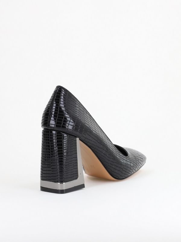 Pantofi Damă cu Toc Gros din Piele Ecologică texturată negru BS20AY2402735 124
