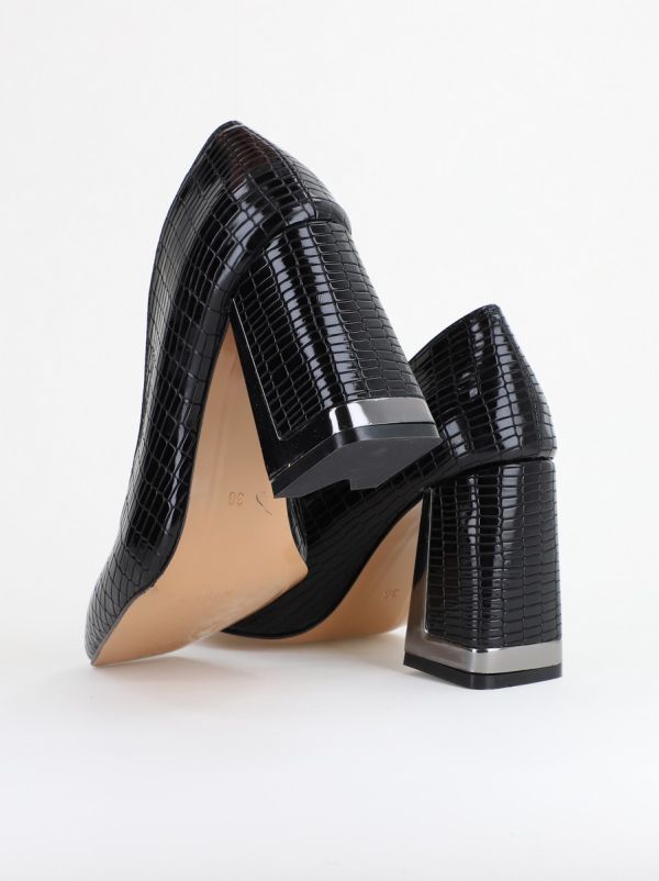 Pantofi Damă cu Toc Gros din Piele Ecologică texturată negru BS20AY2402735 125