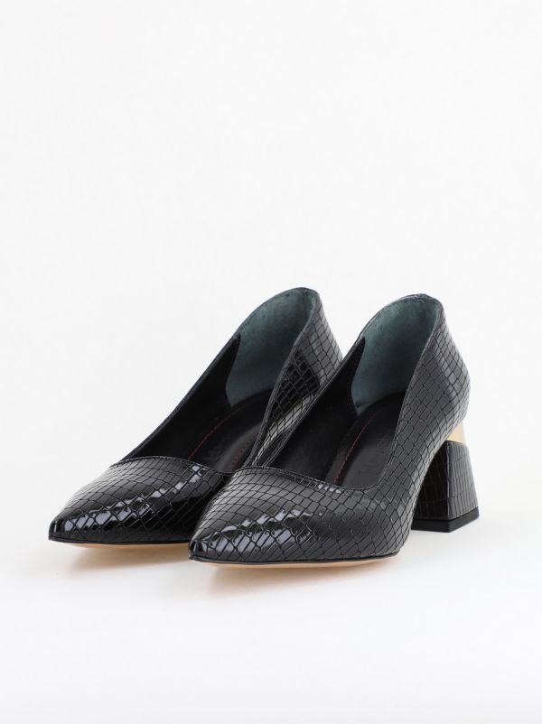 Pantofi Damă cu Toc Gros din Piele Ecologică texturată Negru(BS51AY2402708) 124