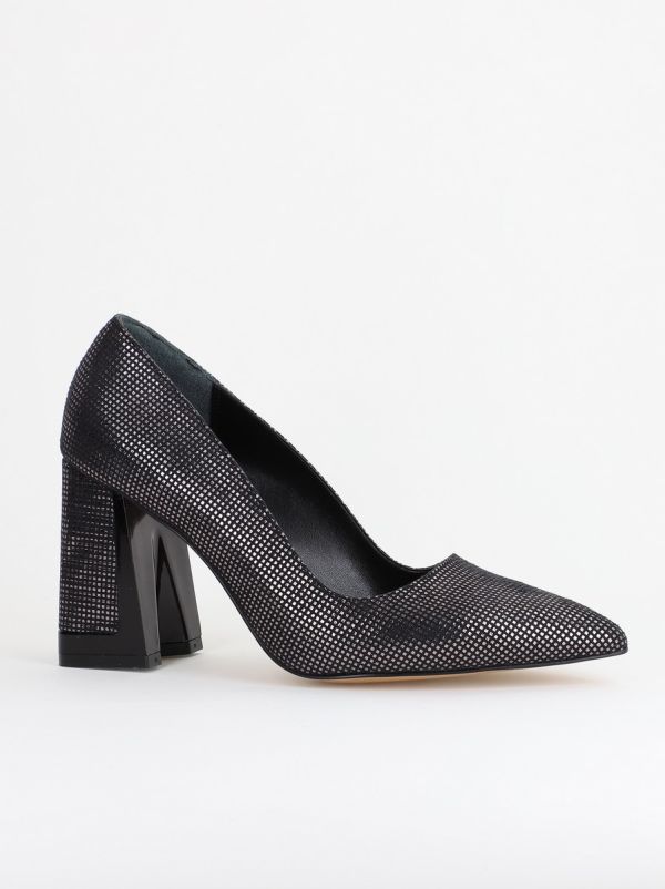 Incaltaminte Dama - Pantofi Damă cu Toc Gros din Piele Ecologică texturată platina BS02-1AY2402744