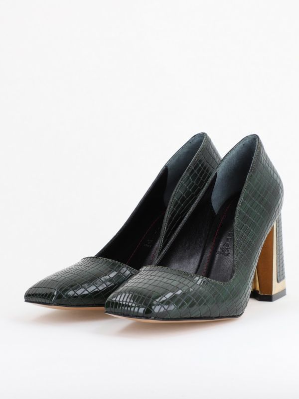 Pantofi Damă cu Toc Gros din Piele Ecologică texturată verde petrol BS20AY2402731 122