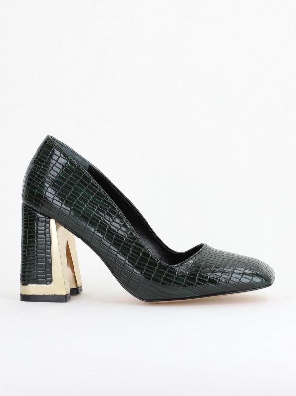 Pantofi Damă cu Toc Gros din Piele Ecologică texturată verde petrol BS20AY2402731 123