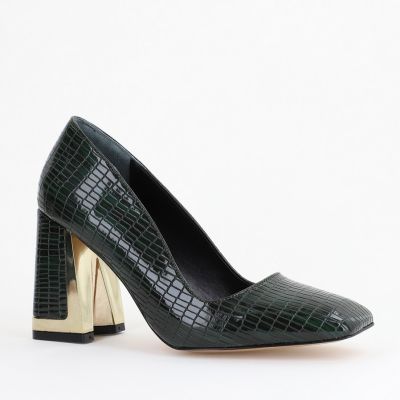 Pantofi Damă cu Toc Gros din Piele Ecologică texturată verde petrol BS20AY2402731