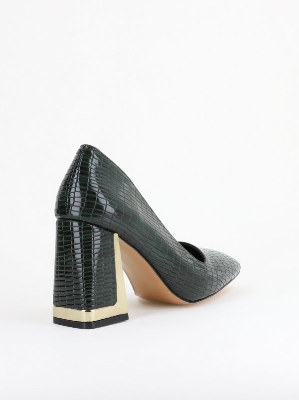 Pantofi Damă cu Toc Gros din Piele Ecologică texturată verde petrol BS20AY2402731 125