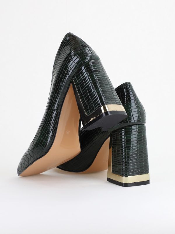 Pantofi Damă cu Toc Gros din Piele Ecologică texturată verde petrol BS20AY2402731 120