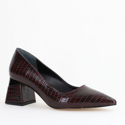 Pantofi Damă cu Toc Gros din Piele Ecologică texturată Vișiniu (BS51AY2402704)