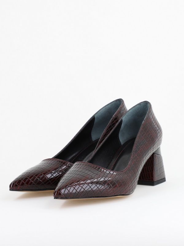 Pantofi Damă cu Toc Gros din Piele Ecologică texturată Vișiniu (BS51AY2402704) 124
