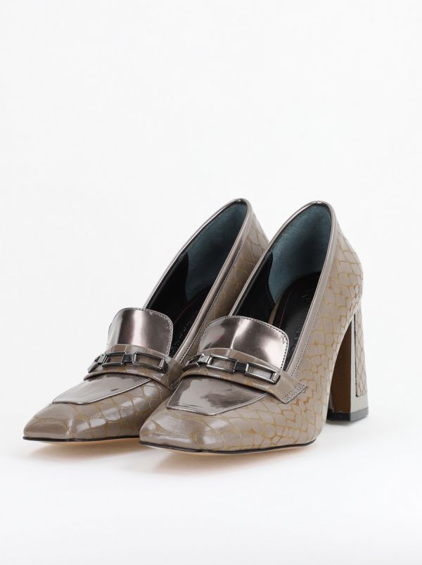 Pantofi Damă cu Toc Gros din Piele Ecologică texturată taupe BS25AY2402719 122