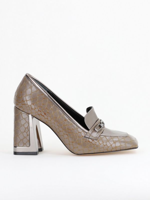 Pantofi Damă cu Toc Gros din Piele Ecologică texturată taupe BS25AY2402719 124