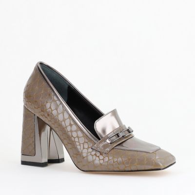 Pantofi Damă cu Toc Gros din Piele Ecologică texturată taupe BS25AY2402719