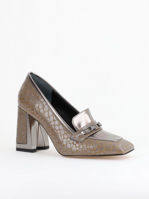 Incaltaminte Dama - Pantofi Damă cu Toc Gros din Piele Ecologică texturată taupe BS25AY2402719