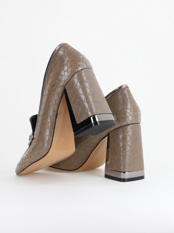 Pantofi Damă cu Toc Gros din Piele Ecologică texturată taupe BS25AY2402719 120