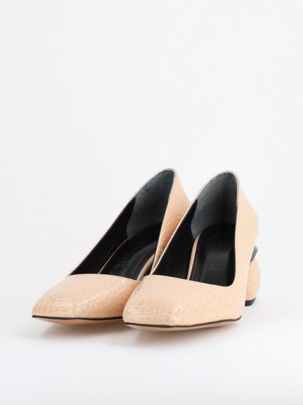 Pantofi Damă cu Toc Jos din Piele Ecologică Bej lac BS105AY2402715 122