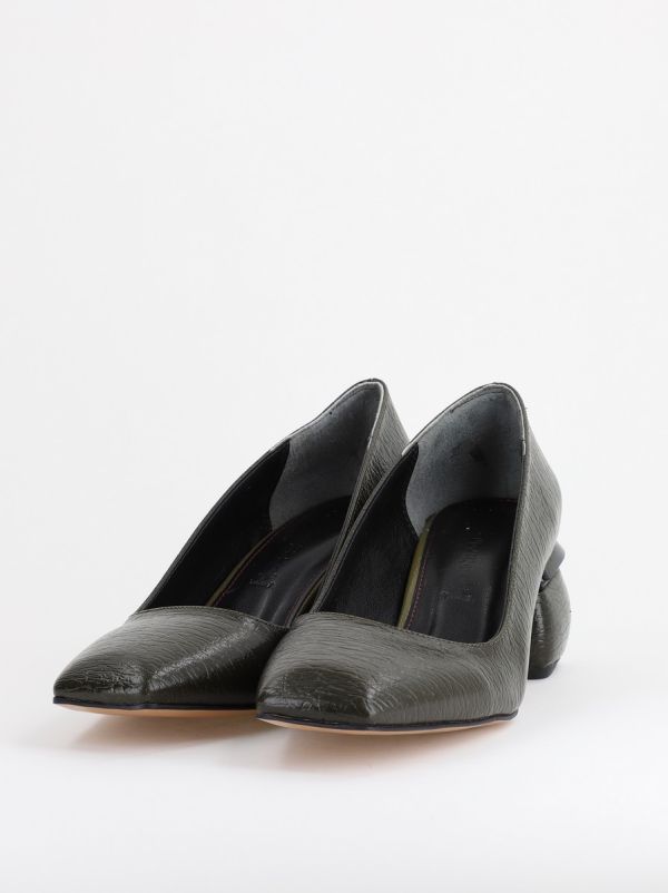 Pantofi Damă cu Toc Jos din Piele Ecologică Kaki lac BS105AY2402716 122