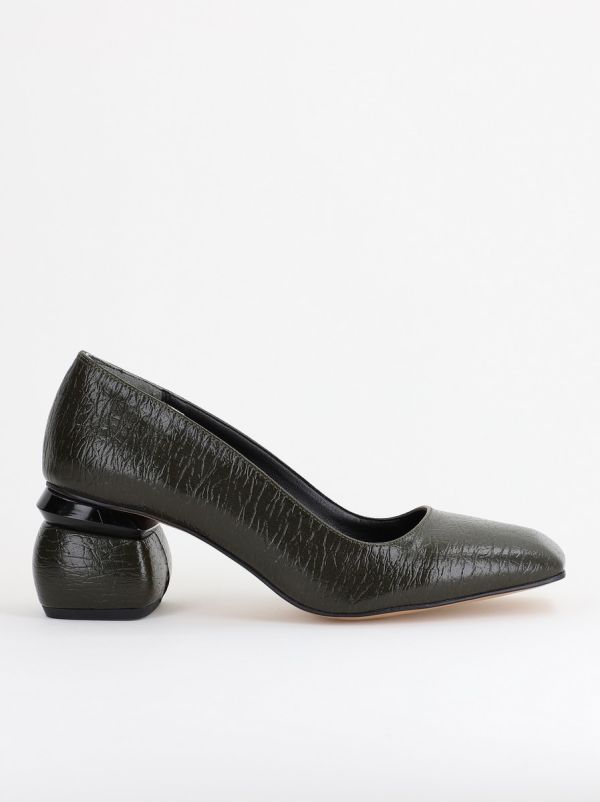 Pantofi Damă cu Toc Jos din Piele Ecologică Kaki lac BS105AY2402716 124