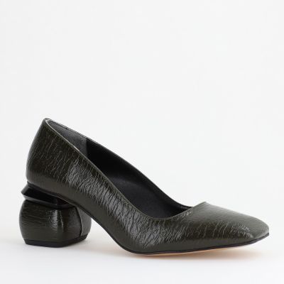 Pantofi Damă cu Toc Jos din Piele Ecologică Kaki lac BS105AY2402716