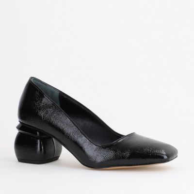 Pantofi Damă cu Toc Jos din Piele Ecologică negru lac BS105AY2402711