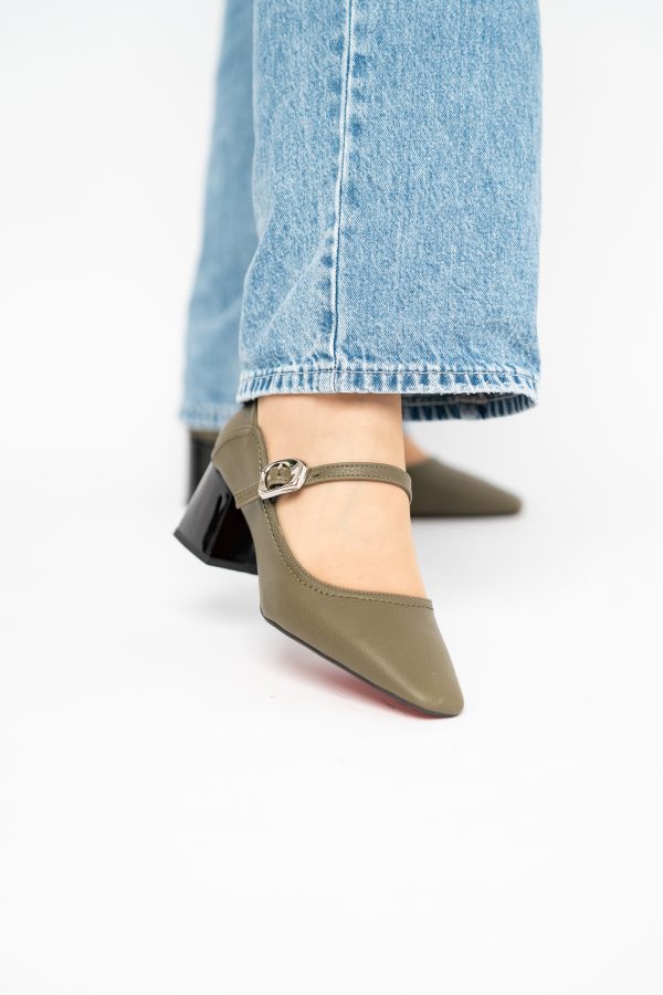Pantofi Casual Damă cu Toc Jos din Piele Ecologică culoare Kaki mat BS806D2410095 119