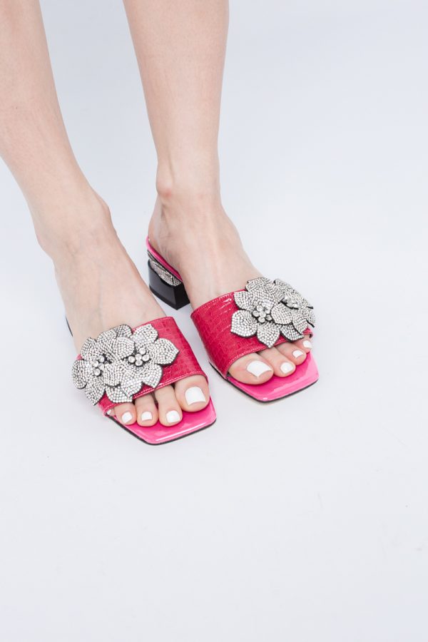 Saboți cu toc jos pentru femei, cu un design floral și detalii strălucitoare, piele ecologică culoare Fuchsia BS90TR2403863 121