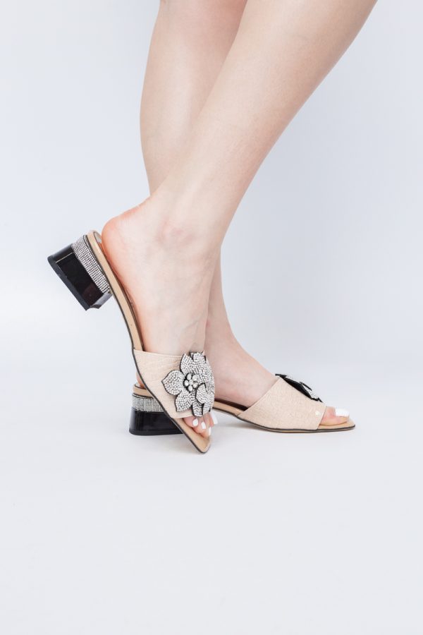Saboți cu toc jos pentru femei, cu un design floral și detalii strălucitoare, piele ecologică culoare Bej BS90TR2403864 123
