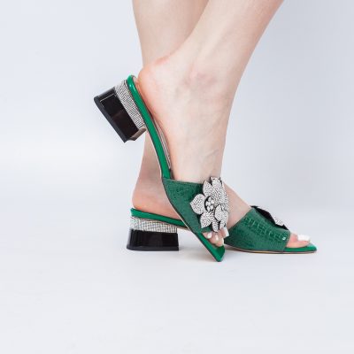Saboți cu toc jos pentru femei, cu un design floral și detalii strălucitoare, piele ecologică culoare Verde BS90TR2403866