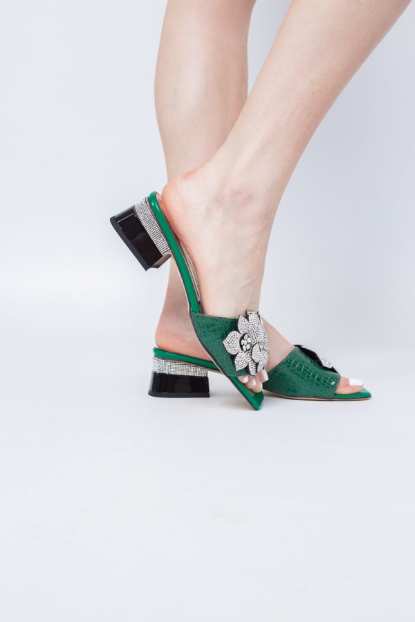 Saboți cu toc jos pentru femei, cu un design floral și detalii strălucitoare, piele ecologică culoare Verde BS90TR2403866 119