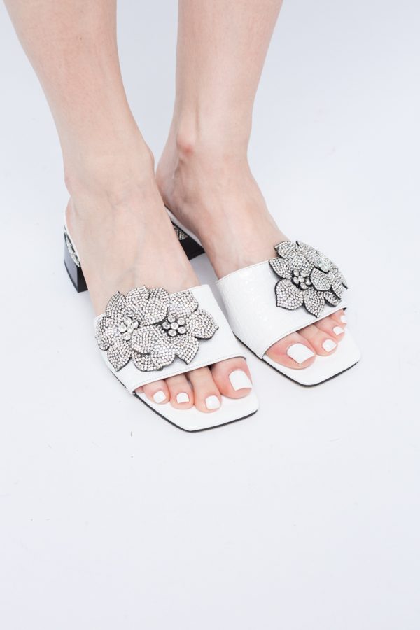 Saboți cu toc jos pentru femei, cu un design floral și detalii strălucitoare, piele ecologică culoare Alb BS90TR2403865 121