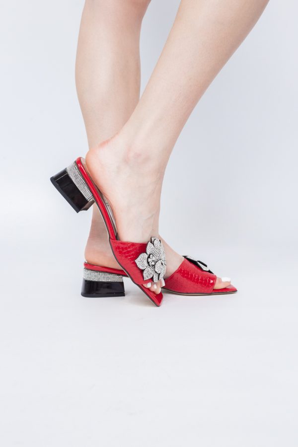 Saboți cu toc jos pentru femei, cu un design floral și detalii strălucitoare, piele ecologică culoare Roșu BS90TR2403867 119
