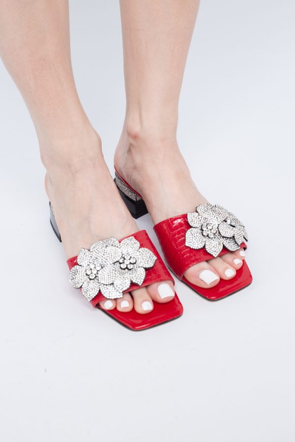 Saboți cu toc jos pentru femei, cu un design floral și detalii strălucitoare, piele ecologică culoare Roșu BS90TR2403867 121