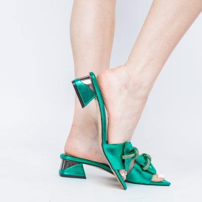 Saboți Damă cu Toc jos cu fundiță culoare Verde BS118TR2403950