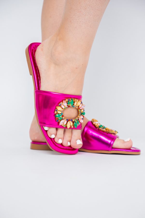 Papuci Dama Piele Ecologica Fuchsia metalic cu pietricele 121