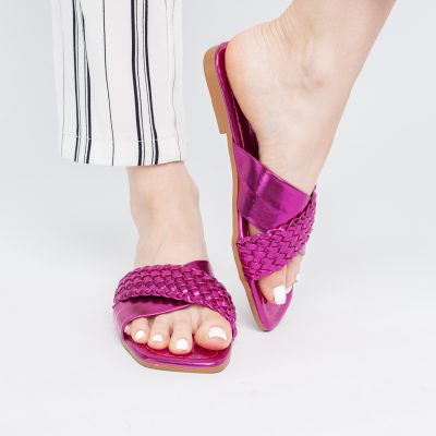 Saboți din Piele eco cu Model Împletit în Nuanțe de Fuchsia Metalic (BS616TR2404053)