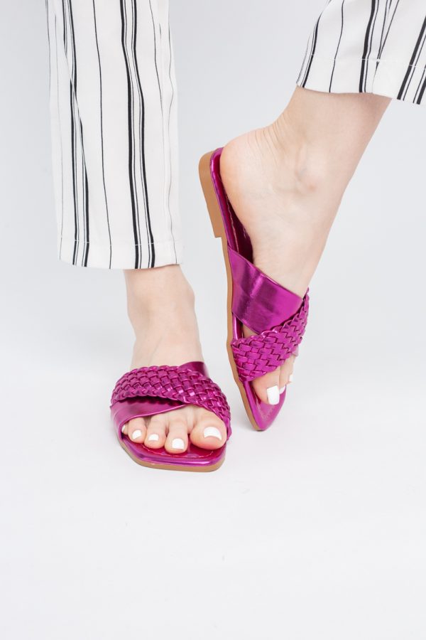 Saboți din Piele eco cu Model Împletit în Nuanțe de Fuchsia Metalic (BS616TR2404053) 119