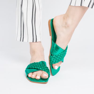Saboți din Piele eco cu Model Împletit în Nuanțe de Verde Metalic (BS616TR2404050)