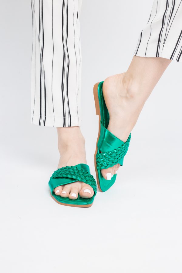 Saboți din Piele eco cu Model Împletit în Nuanțe de Verde Metalic (BS616TR2404050) 119