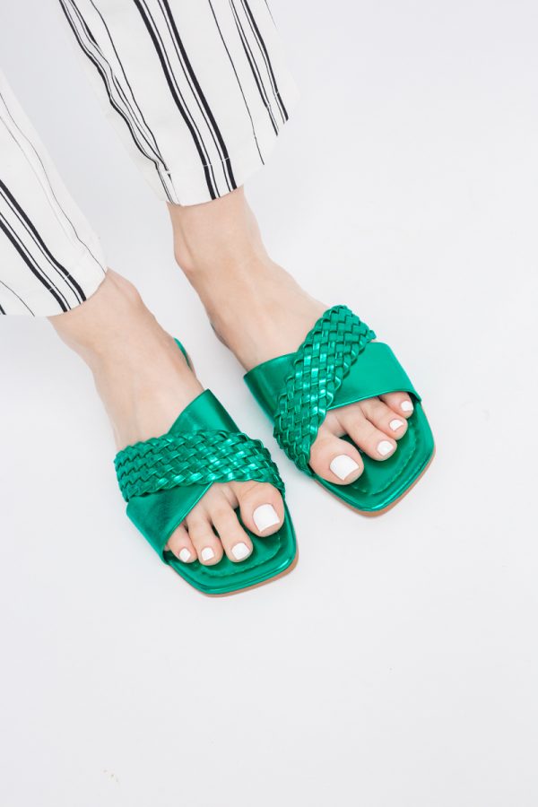Saboți din Piele eco cu Model Împletit în Nuanțe de Verde Metalic (BS616TR2404050) 121